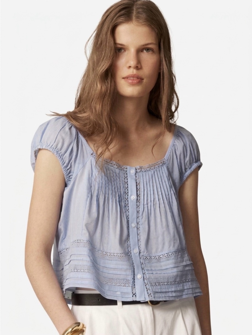 J. Crew Cap Sleeve Pintuck Button Front Blouse - L